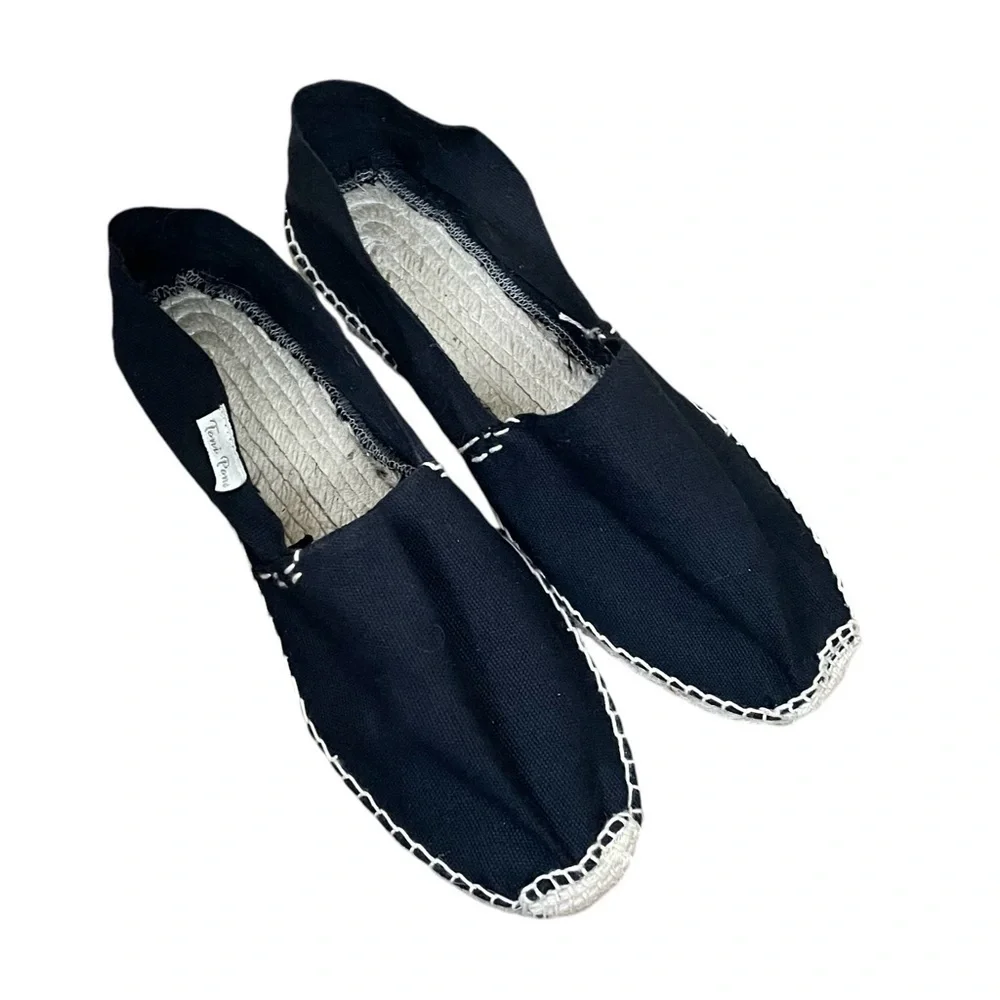 TONI PONS Black Canvas Flat Slip-On Espadrilles Sandals Shoes Black Tan 41